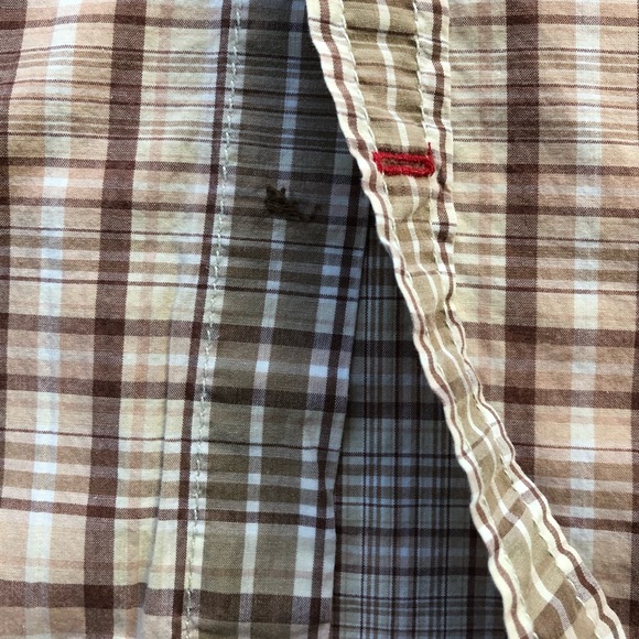 Guess Mens Long Sleeve Shirt- Plaid Tan and Brown - Picture 6 of 7